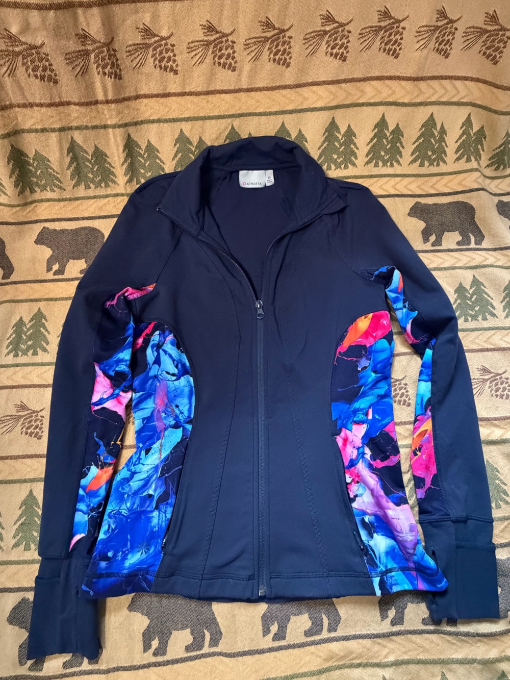 Athleta Navy Zip-Front Jacket with Bright Blue & Pink Abstract Panels